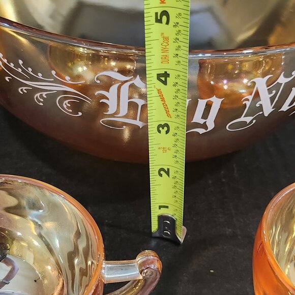 Jeanette Glass Peach/Gold Luster "Egg Nog" Punch Bowl With 6 Cups Carnival Glass - Picture 10 of 12